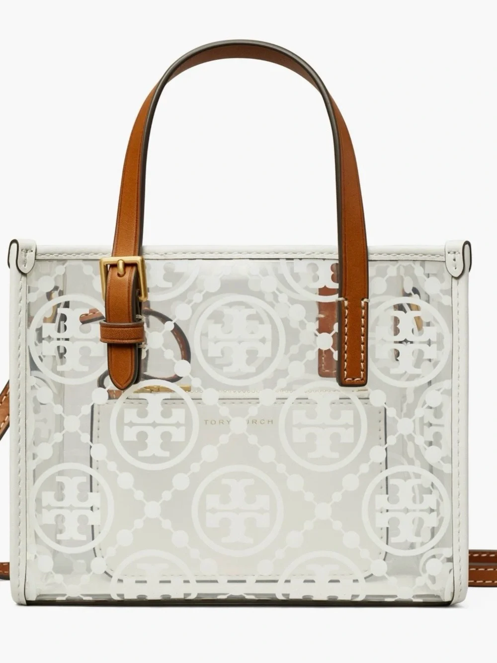 Tory Burch White Logo-Print Tote with Brown Leather Handles